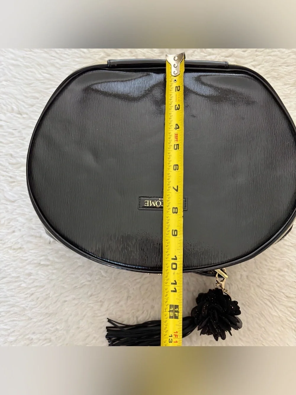 Lanncome Faux Black Patent Cosmetic Case with Tassel Travel Bag